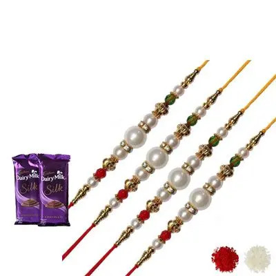 Set of 4 Pearl Rakhi with Silk