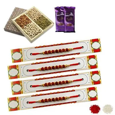 Set of 4 Rudraksha Rakhi with Dry Fruits & Silk