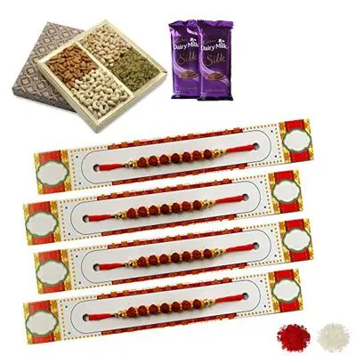 Set of 4 Rudraksha Rakhi with Dry Fruits & Silk