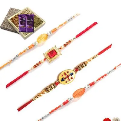 Set of 4 Stone Rakhi with Dry Fruits & Silk