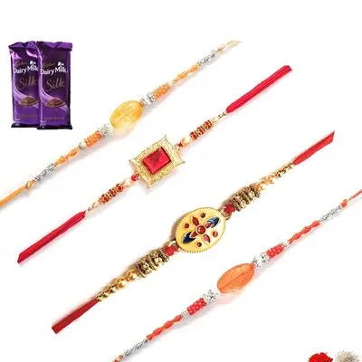 Set of 4 Stone Rakhi with Silk