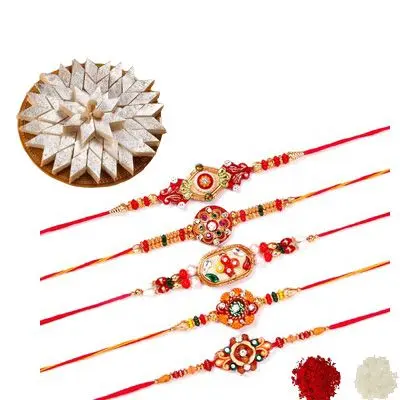 Set of 5 Mauli Rakhi with Burfi