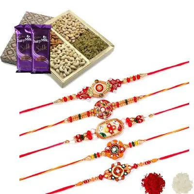 Set of 5 Mauli Rakhi with Dry Fruits & Silk