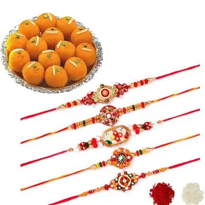 Set of 5 Mauli Rakhi with Laddu