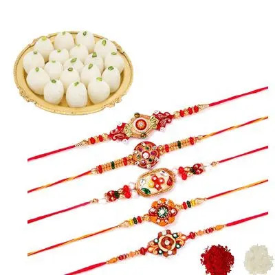 Set of 5 Mauli Rakhi with Rasgulla