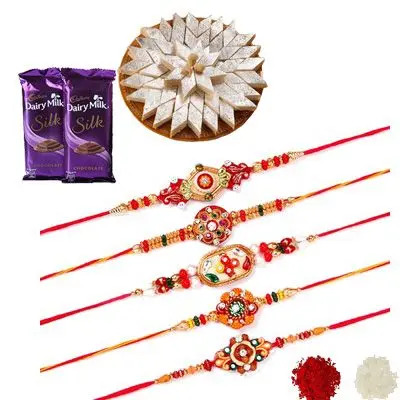 Set of 5 Mauli Rakhi with Silk & Burfi