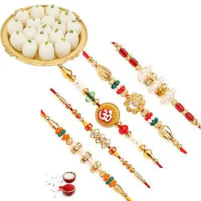 Set of 5 Mix Rakhi with Rasgulla