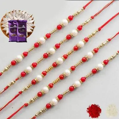 Set of 5 Pearl Rakhi with Burfi with Silk