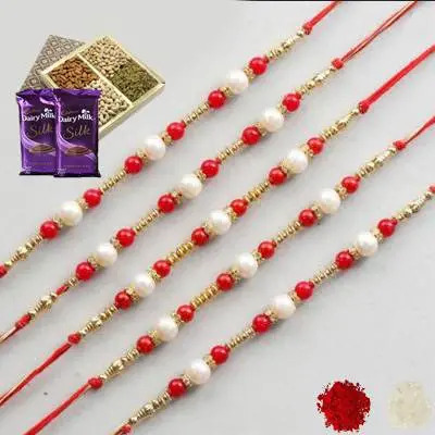 Set of 5 Pearl Rakhi with Dry Fruits & Silk