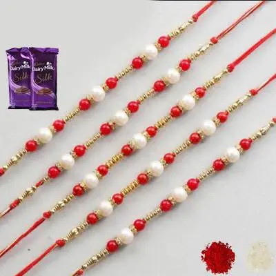 Set of 5 Pearl Rakhi with Silk