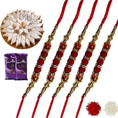 Set of 5 rudraksha Rakhi with Burfi & Silk