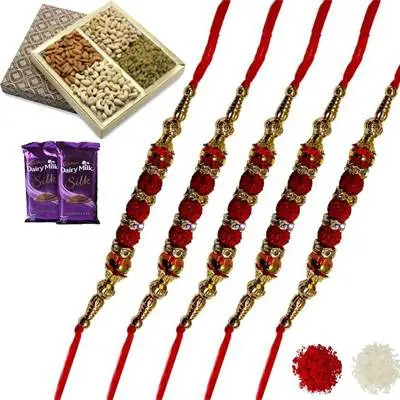 Set of 5 Rudraksha Rakhi with Dry Fruits & Silk