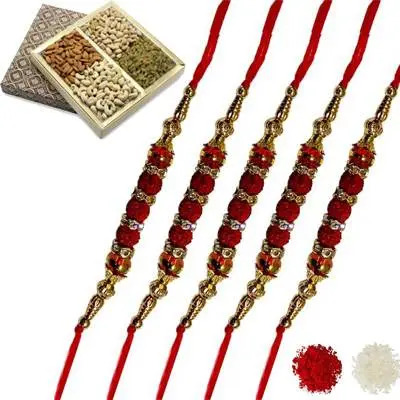 Set of 5 rudraksha Rakhi with Dry Fruits