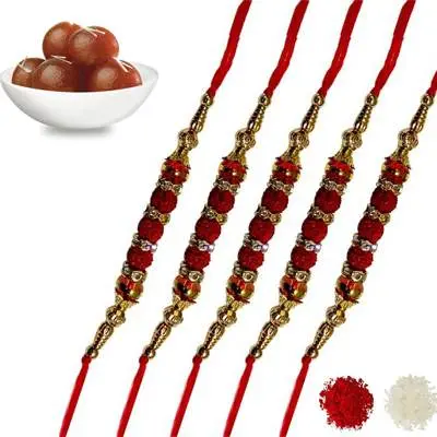 Set of 5 rudraksha Rakhi with Gulab Jamun