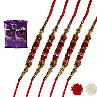 Set of 5 rudraksha Rakhi with Silk