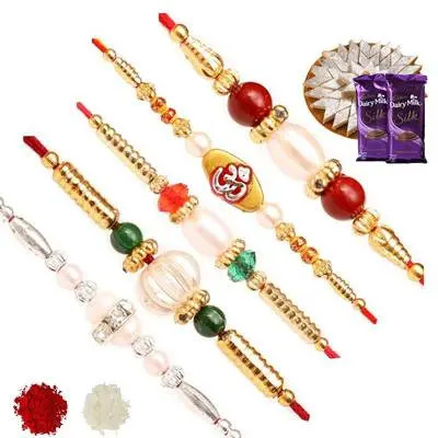 Set of 5 Stone Rakhi with Burfi & Silk