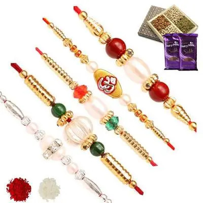 Set of 5 Stone Rakhi with Dry Fruits & Silk