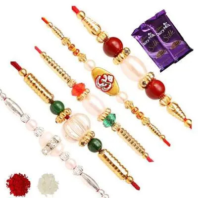 Set of 5 Stone Rakhi with Silk