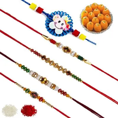 Set of 5 Elder & Kids Rakhi with Laddu