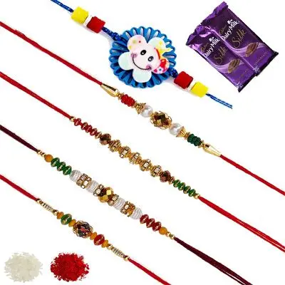 Set of 5 Elder & Kids Rakhi with Silk