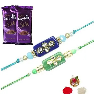 Set of 2 Stone Rakhi with Silk