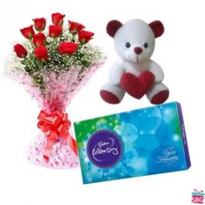 Roses, Teddy With Cadbury Celebration