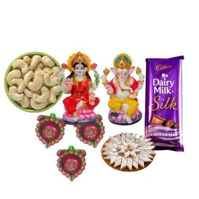 Cashew with Idols, Kaju Katli, Silk & Diya