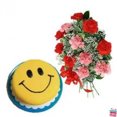 Carnations With Smiley Cake