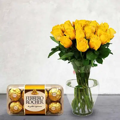Yellow Roses Vase With Ferrero Rocher