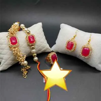 Orange Couple Combo Rakhi With Earring and Ring 