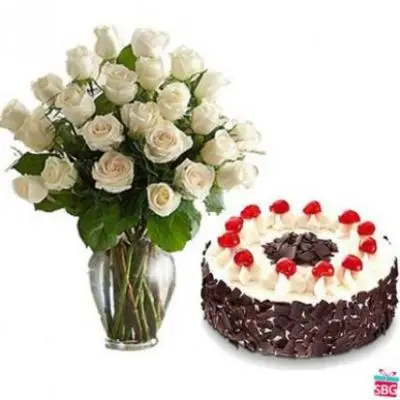 White Roses Vase With Black Forest Cake