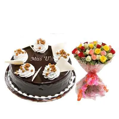 Miss You Chocolate Cake with Bouquet
