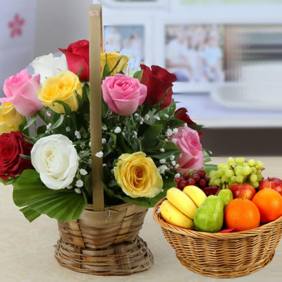 Fresh Fruits Basket With Mixed Roses