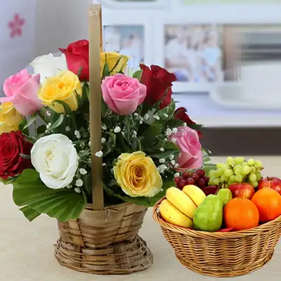 Fresh Fruits Basket With Mixed Roses