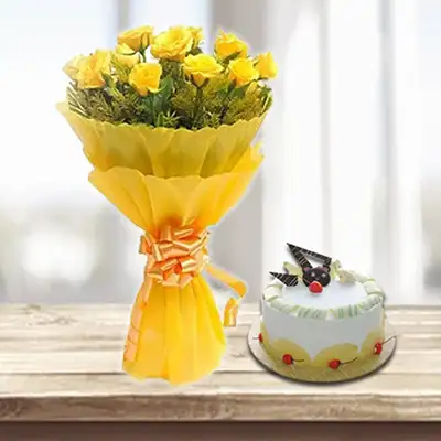 Send Yellow Roses with Vanilla Cake Online in India from SendBestGift.com