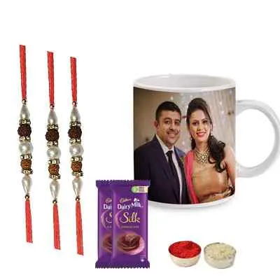 Set of 3 Rudraksha Rakhi with Photo Mugs & Silk