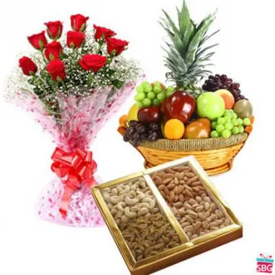 Roses, Dry Fruits & Fresh Fruits