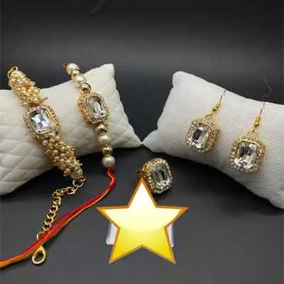 Golden Couple Combo Rakhi With Earring and Ring