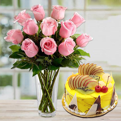 Pink Roses With Fresh Fruit Cake