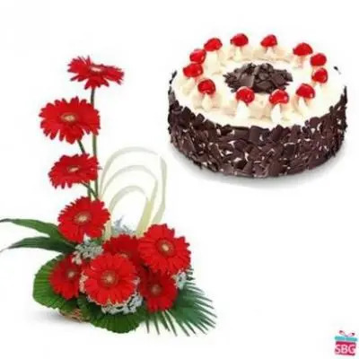 Gerbera Basket With Black Forest Cake