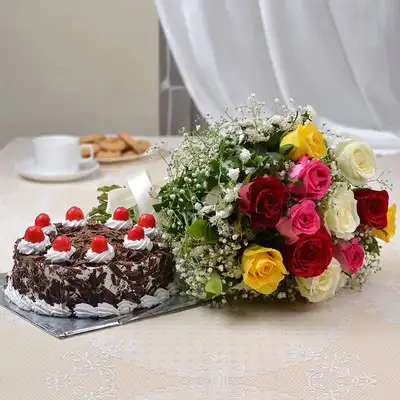 Mixed Roses With Black Forest Cake