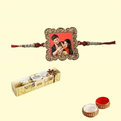 Personalised Metal Square Rakhi with Ferrero