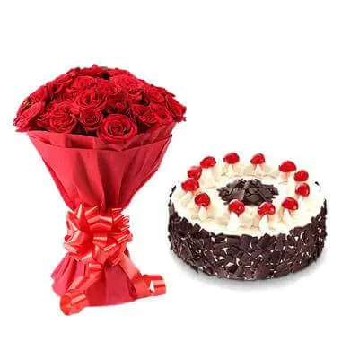 Red Roses With Black Forest Cake