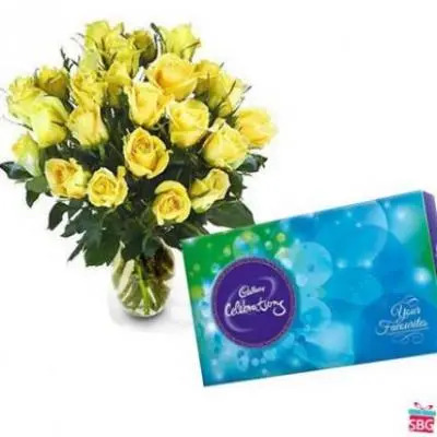 Yellow Roses Vase With Cadbury Celebration