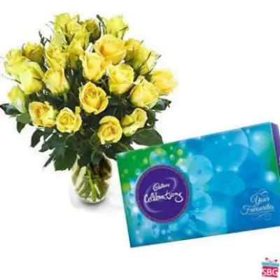 Yellow Roses Vase With Cadbury Celebration