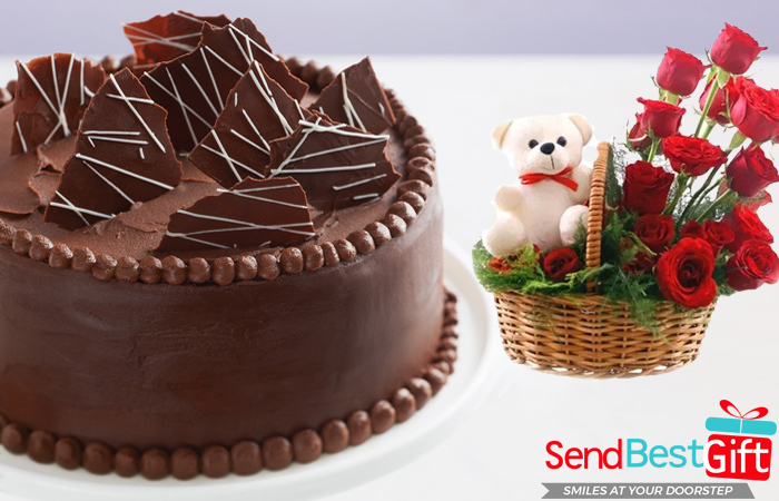 Double-Chocolate-Cake,-Red-Roses-&-White-Teddy