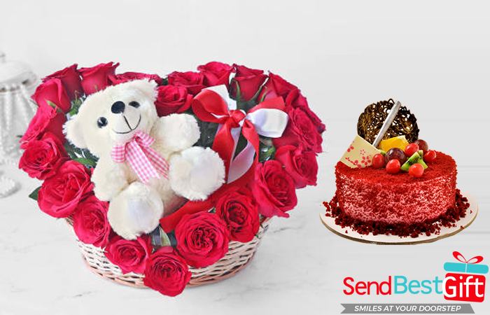 Red-Velvet-Cake,-Red-Roses-&-White-Teddy