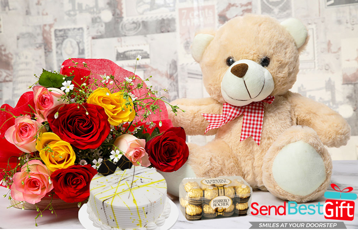 Vanilla-Cake,-Mixed-Roses-Bouquet,-Teddy-&-Chocolates