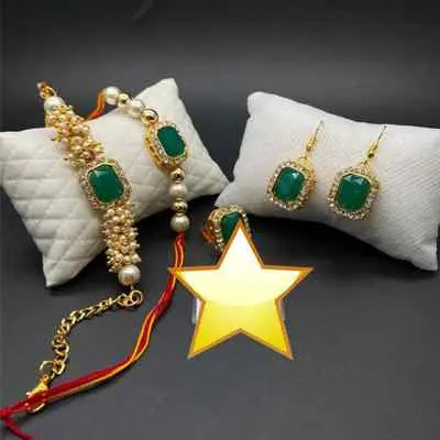 Green Couple Combo Rakhi  With Earring and Ring 
