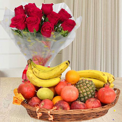 Fresh Fruits Basket With Red Roses